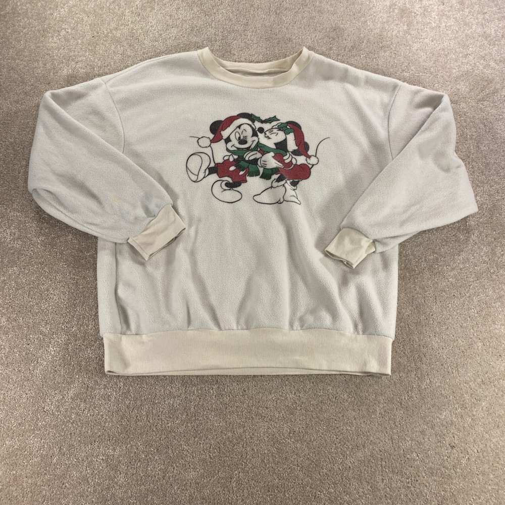Disney Mickey Mouse Sweatshirt Womens Small Cream Christmas Fleece